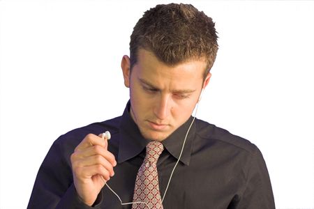 business man testing headphone