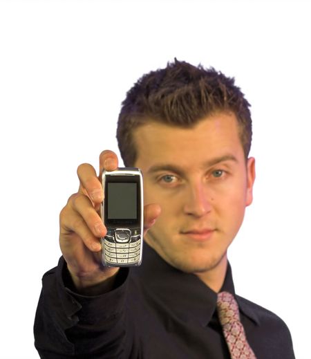 business man holding a mobile phone with his right arm