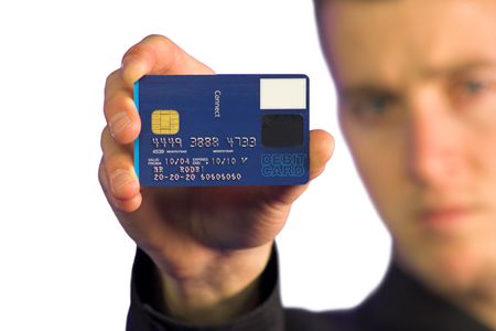 business man holding up a credit card - note: the numbers on credit card are made up as well as all the other numbers on the card