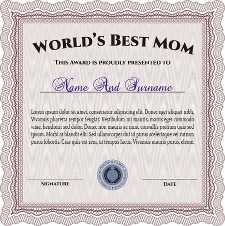 World's Best Mother Award. With guilloche pattern. Border, frame.Superior design. 