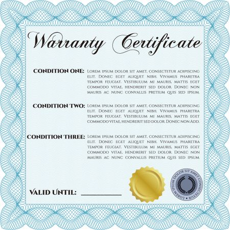 Sample Warranty certificate template. Very Detailed. With sample text. With complex background. 