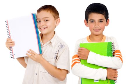 school boys with notebooks isolated over white