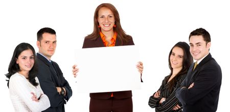 business woman displaying a banner ad to her team isolated