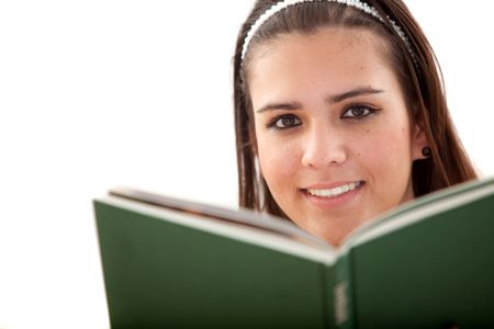 Beautiful female portrait reading a book isolated