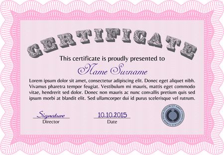 Certificate. Vector illustration.With complex linear background. Cordial design. 