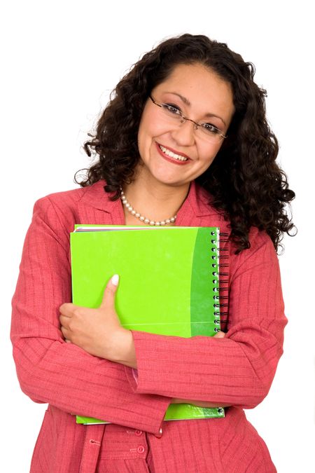 business woman with notebook in red over a white background