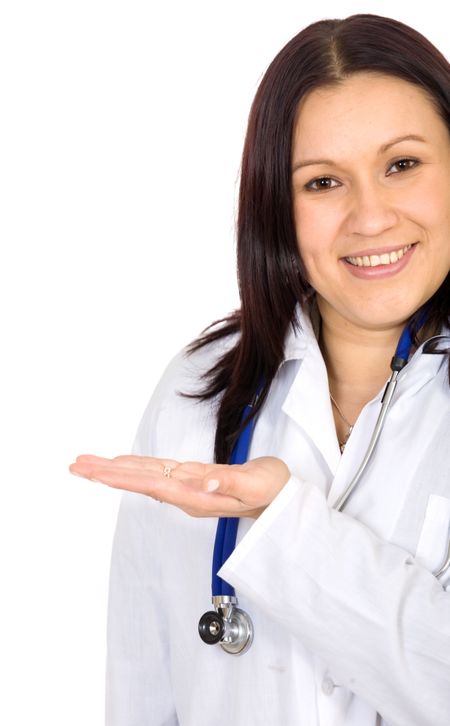 female doctor showing a product - isolated over a white background