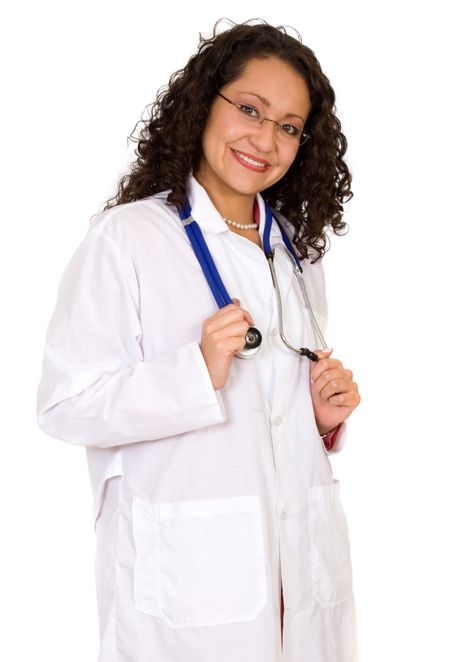 friendly latin american female doctor over white