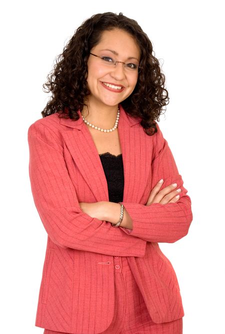 friendly business woman portrait - smiling over a white background