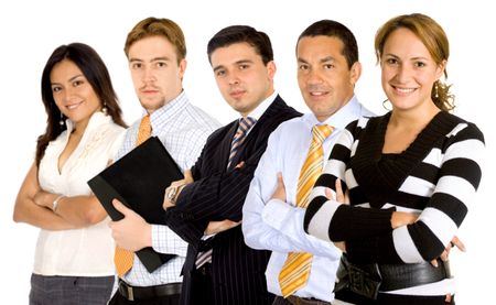 confident businesswoman leading a professional business team over a white background