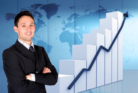 successful business man confident of his growth and success - statistics graph next to him