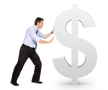 business man pushing dollar sign - isolated over a white background