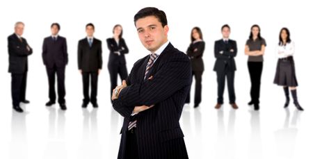 confident businessman leading a business team over a white background