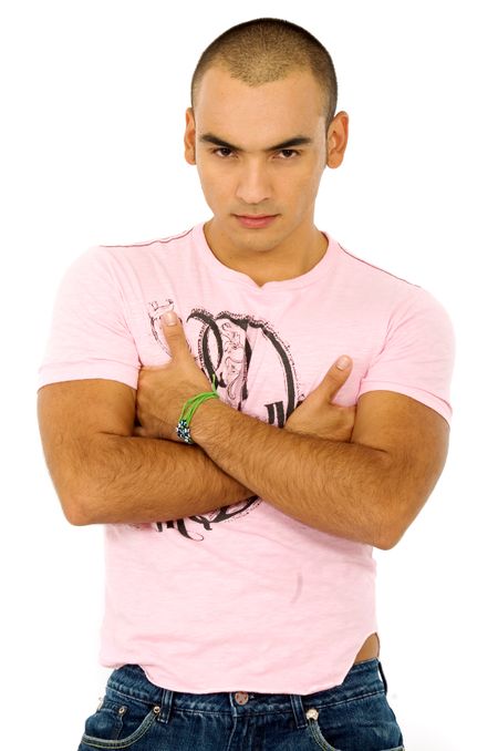 casual guy portrait in pink over a white background