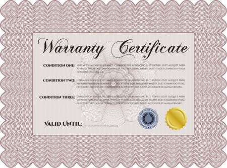 Sample Warranty certificate template. Complex frame. Perfect style. Easy to print. 