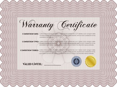 Sample Warranty certificate template. Complex frame. Perfect style. Easy to print.