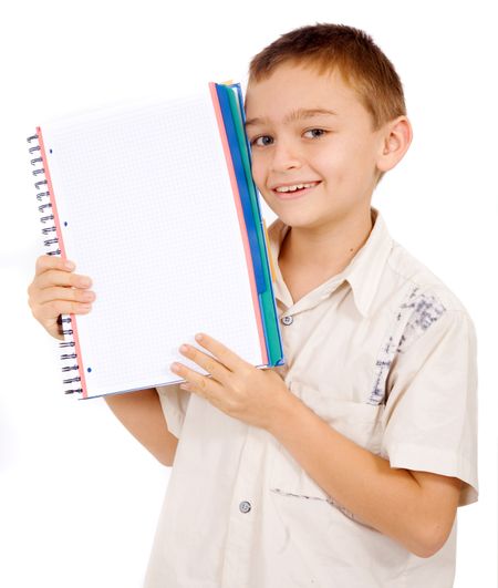 school boy student with a notebook isolated over a white background