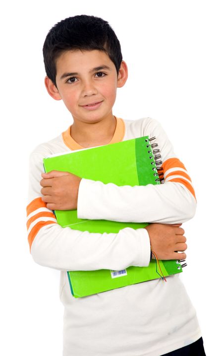 little school boy holding a notebook - isolated over a white background