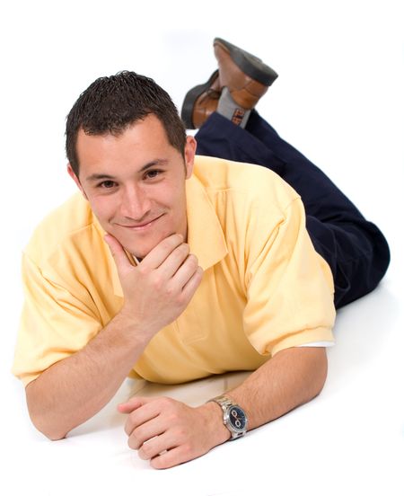 casual man portrait on the floor - isolated over a white background