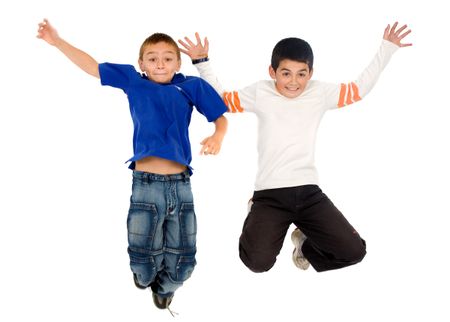 kids having fun jumping in the air - isolated over a white background