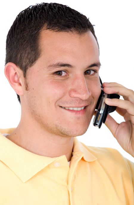 man on the phone smiling - isolated over a white background
