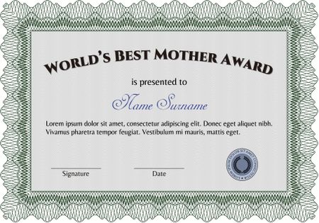 Best Mother Award Template. Vector illustration.With guilloche pattern. Beauty design. 