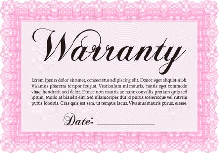 Sample Warranty certificate template. Easy to print. Perfect style. Complex frame design. 