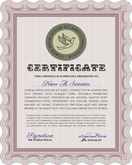 Sample Certificate. With great quality guilloche pattern. Artistry design. Diploma of completion.