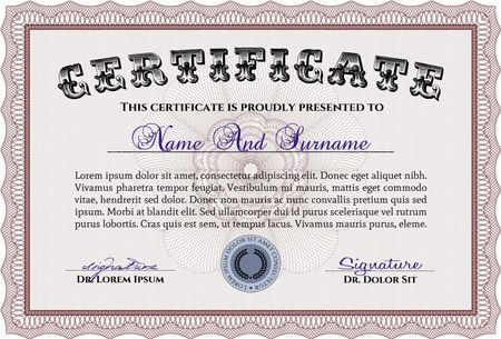 Sample Certificate. Nice design. Easy to print. Diploma of completion.
