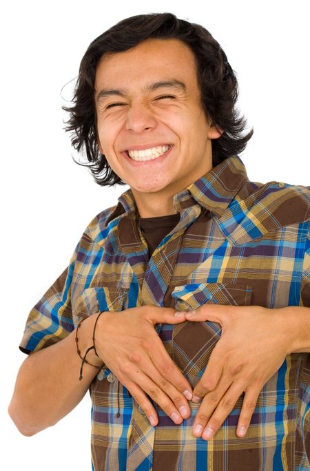 casual man doing the heart shape with his hands - isolated over a white background