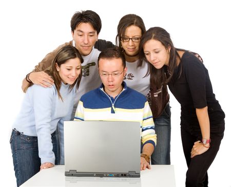 group of students on a laptop over a white background