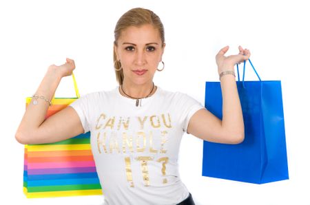 casual woman holding shopping bags - isolated over a white background