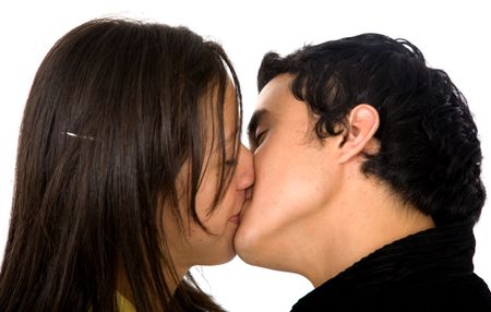 young couple kissing isolated over a white background