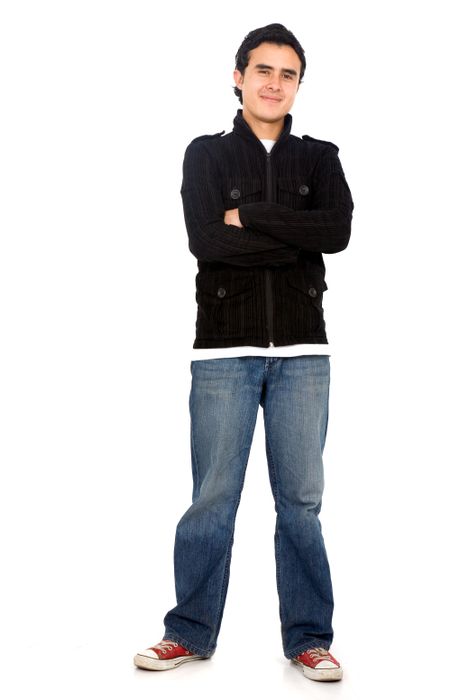 Casual friendly man in jeans and black – isolated over a white background