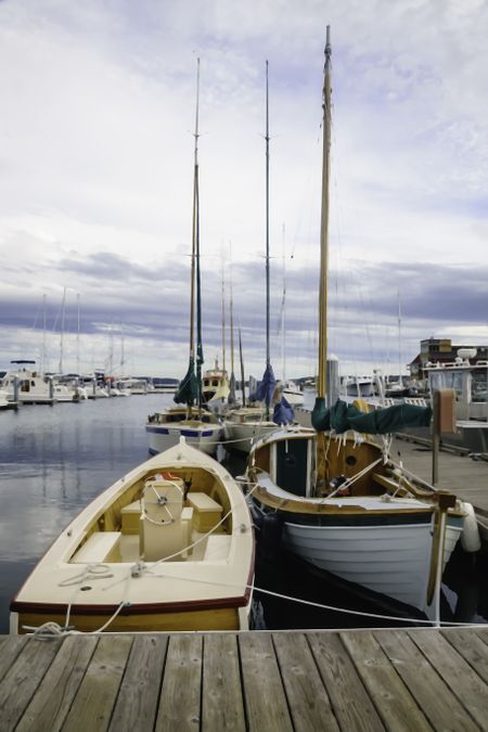 Painterly realistic view of boats tied up in a coastal marina on an overcast day in the Pacific Northwest, for themes of lifestyle or travel