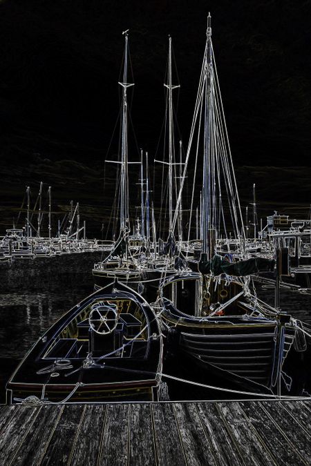 Nocturnal illustration of boats tied up in a coastal marina in the Pacific Northwest, with effect of glowing edges, for motifs of lifestyle or travel