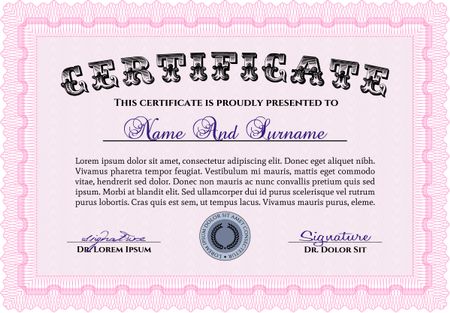 Diploma or certificate template. With linear background. Vector pattern that is used in currency and diplomas.Cordial design.