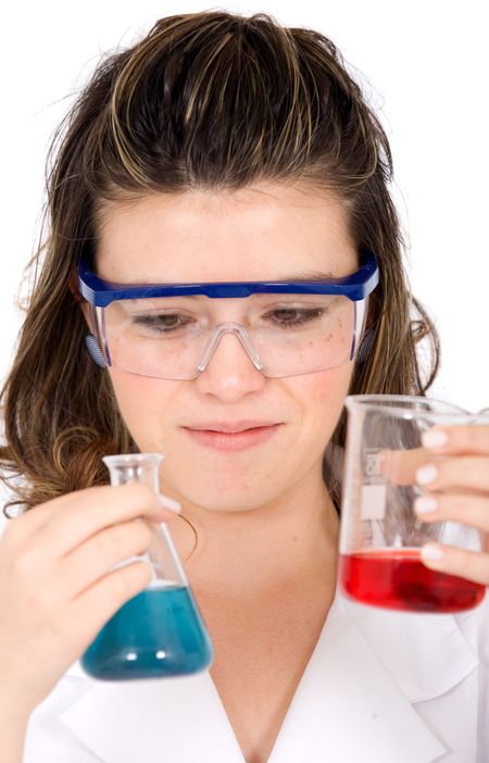 female scientist over a white