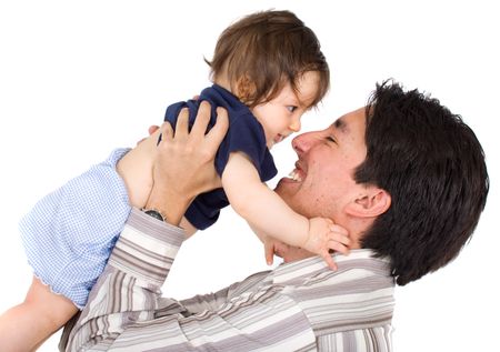 baby girl having fun with her dad isolated over a white background