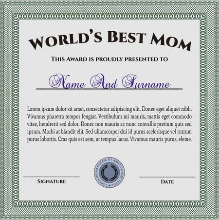 World's Best Mom Award Template. Retro design. Border, frame.Easy to print. 