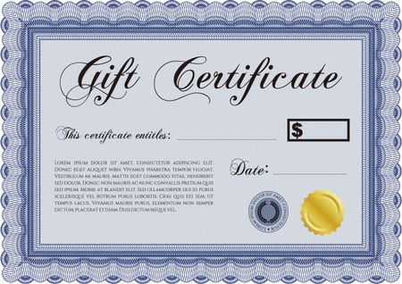 Formal Gift Certificate template. Vector illustration.With guilloche pattern and background. Excellent complex design. 
