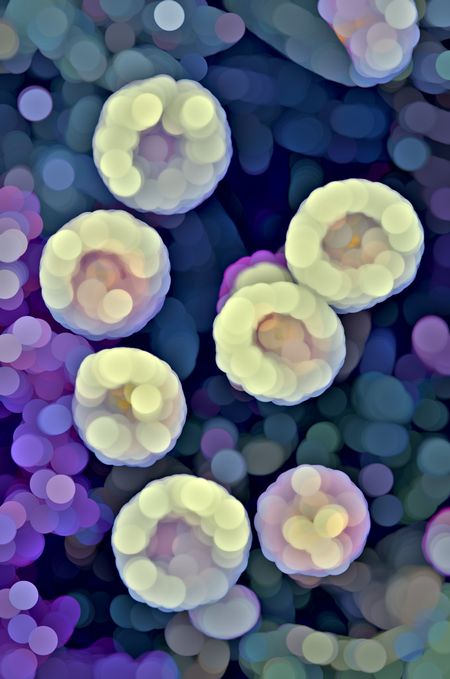 Abstract of round spring flowers with glowing pastels amid many large colored dots on a black background