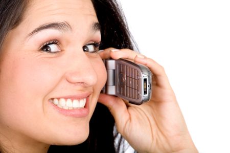 happy business woman on the phone with a big smile - isolated over a white background