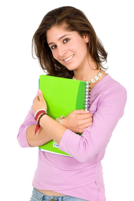 female student holding a notebook over a white background