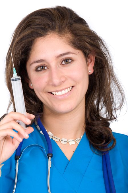 female doctor with a syringe on her hand over a white background