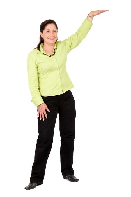 business woman displaying your product - over a white background