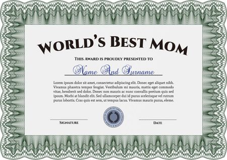 World's Best Mom Award. With great quality guilloche pattern. Border, frame.Artistry design.