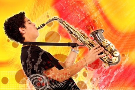 guy playing the saxophone over a colorful background