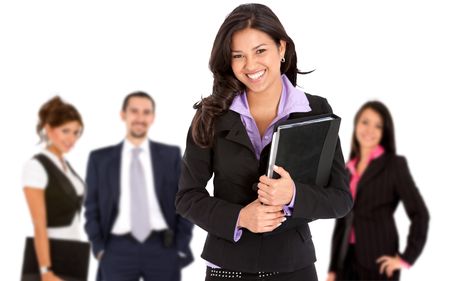 Smiley business woman with a group behind her, isolated
