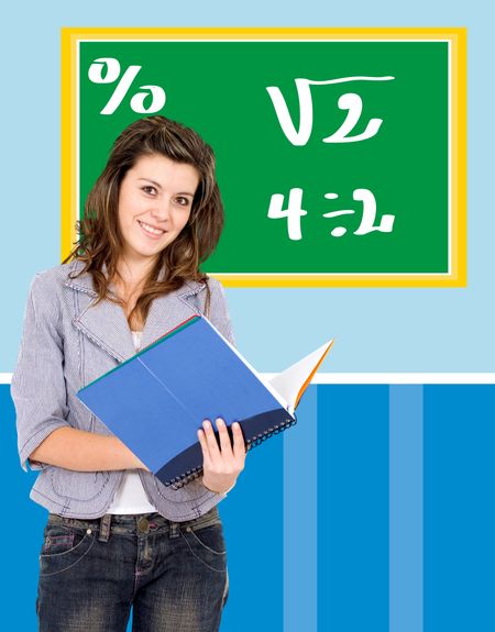 Beautiful university student learning maths with a chalkboard